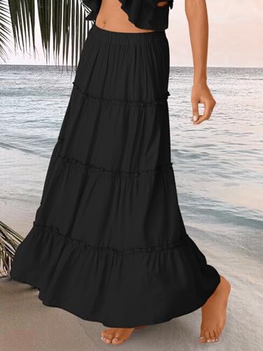 Trendy Queen Long Skirts for Women Boho Maxi Skirt Summer Swing Tiered A-Line Elastic High Waist Dress with Pockets Fashion