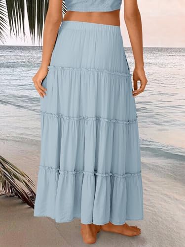 Trendy Queen Long Skirts for Women Boho Maxi Skirt Summer Swing Tiered A-Line Elastic High Waist Dress with Pockets Fashion