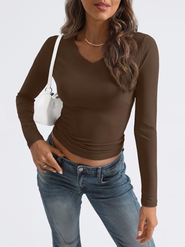 Trendy Queen Long Sleeve Shirts for Women 2025 Fall Fashion V Neck Basics Crop Tops Slim Fitted Y2K Tops Outfits Clothes