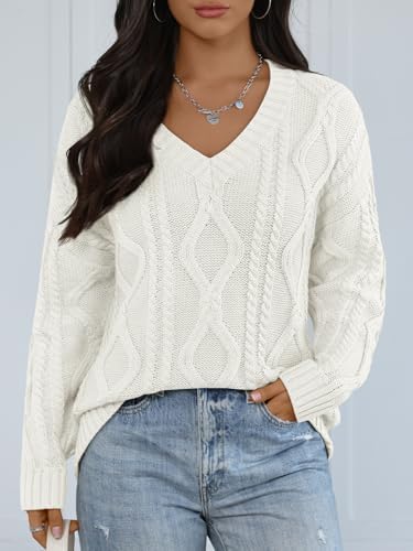 Trendy Queen Oversized Cable Knit Sweaters for Women 2025 Cozy Pullover Knit Fall Outfits V Neck Cute Winter Clothing