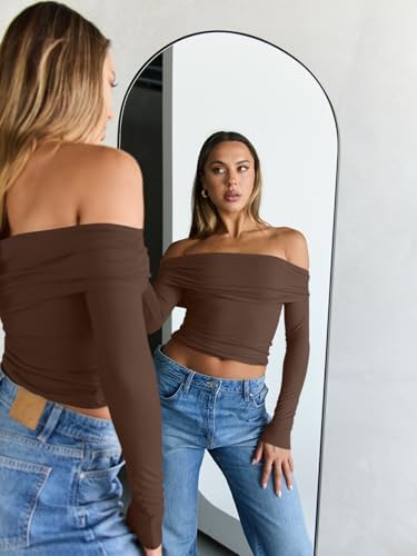 Trendy Queen Women Long Sleeve Shirts Off Shoulder Tops Going Out Crop Sexy Slim Fitted Y2K Fall Outfits 2025 Fashion Clothes