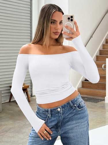 Trendy Queen Womens Long Sleeve Off The Shoulder Tops Going Out Cute Basic Y2K Fall Fashion 2025 Outfits Clothes