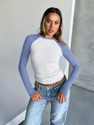 Trendy Queen Women's Long Sleeve Shirts Slim Fit Stretchy Color Block Slightly Cropped Tops