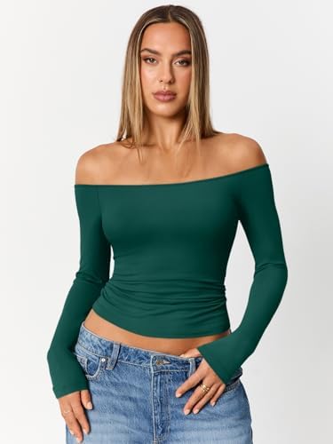 Trendy Queen Womens Long Sleeve Off The Shoulder Tops Going Out Cute Basic Y2K Fall Fashion 2025 Outfits Clothes