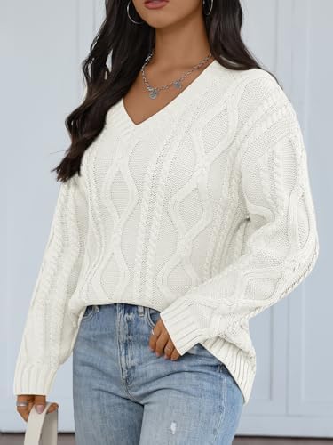 Trendy Queen Oversized Cable Knit Sweaters for Women 2025 Cozy Pullover Knit Fall Outfits V Neck Cute Winter Clothing