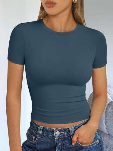 Trendy Queen Womens Short Sleeve T Shirts Summer Crop Tops Basic Slim Fit Gym Workout Y2k Clothes