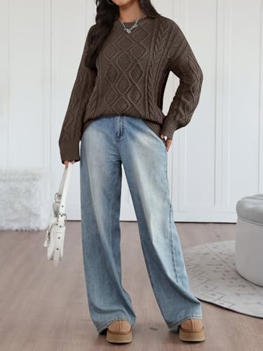 Trendy Queen Women's Oversized Cable Knit Crewneck Sweaters Cozy Winter Clothes