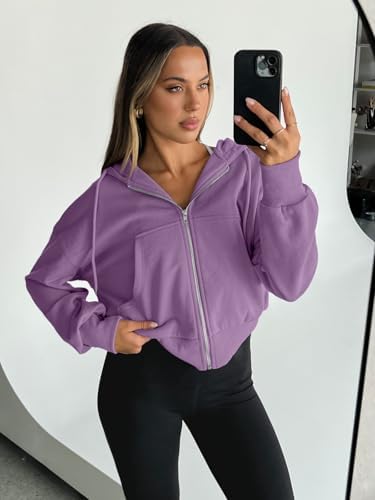 Trendy Queen Hoodies for Women Full Zip Up Cropped Sweatshirts Jackets Casual Comfy Gym Tops Fall Outfits Winter Clothes 2025