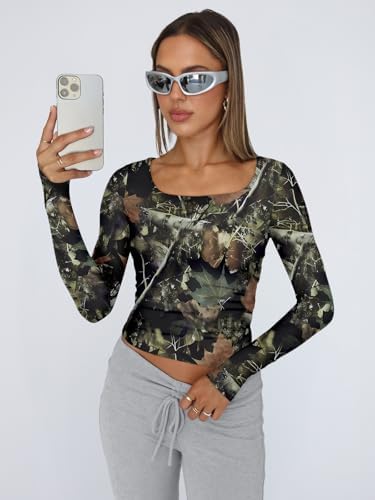 Trendy Queen Womens Long Sleeve Shirts Crop Tops Fall Fashion 2025 Square Neck Going Out Basics Tees Y2k Clothes