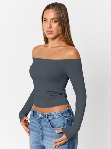 Trendy Queen Womens Long Sleeve Off The Shoulder Tops Going Out Cute Basic Y2K Fall Fashion 2025 Outfits Clothes