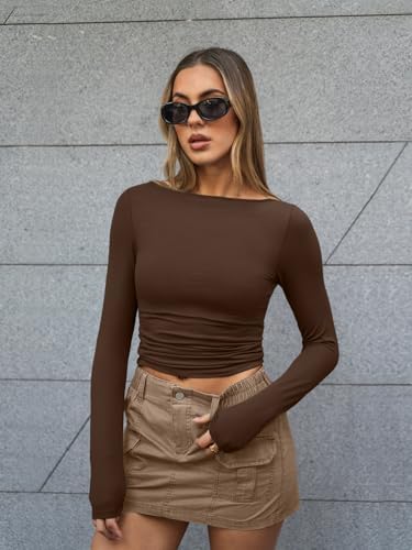 Trendy Queen Women's Boat Neck Tops Long Sleeve Shirts Casual Fitted Tee Shirts Solid Color Fall Basic Clothes 2025