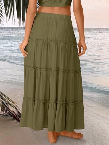 Trendy Queen Long Skirts for Women Boho Maxi Skirt Summer Swing Tiered A-Line Elastic High Waist Dress with Pockets Fashion