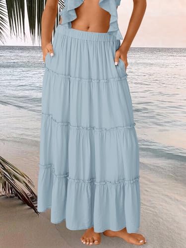 Trendy Queen Long Skirts for Women Boho Maxi Skirt Summer Swing Tiered A-Line Elastic High Waist Dress with Pockets Fashion