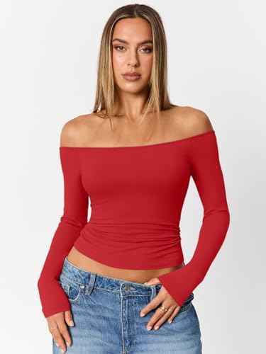 Trendy Queen Womens Long Sleeve Off The Shoulder Tops Going Out Cute Basic Y2K Fall Fashion 2025 Outfits Clothes