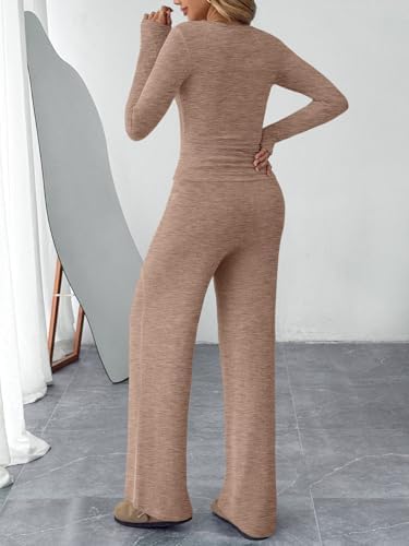 Trendy Queen Women's 2 Piece Matching Lounge Sets Fall Fashion Outfits Henley Neck Sweater Top Wide Leg Pants Sweat Suits