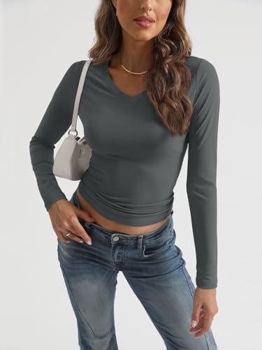 Trendy Queen Long Sleeve Shirts for Women 2025 Fall Fashion V Neck Basics Crop Tops Slim Fitted Y2K Tops Outfits Clothes