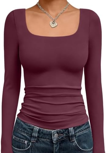 Trendy Queen Womens Long Sleeve Shirts Crop Tops Fall Fashion 2025 Square Neck Going Out Basics Tees Y2k Clothes