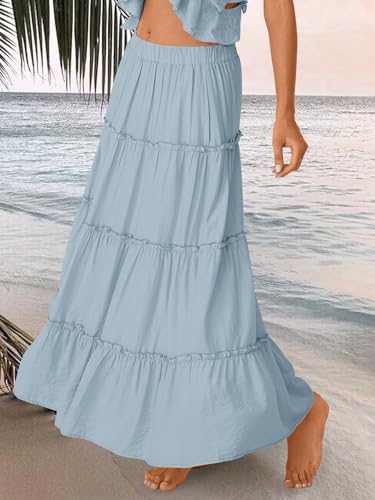 Trendy Queen Long Skirts for Women Boho Maxi Skirt Summer Swing Tiered A-Line Elastic High Waist Dress with Pockets Fashion