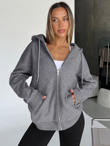 Trendy Queen Womens Zip Up Hoodies Oversized Sweatshirts Fall School Fashion Outfits Casual Jackets 2025 Winter Clothes