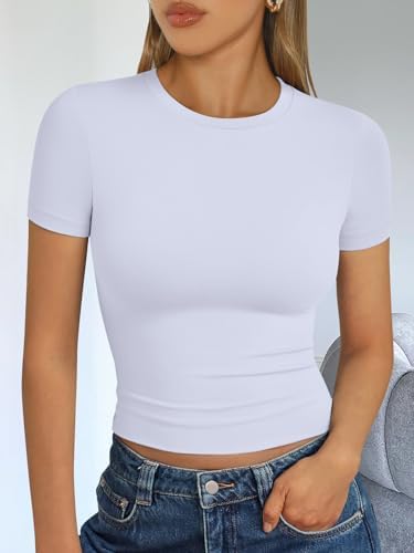 Trendy Queen Womens Short Sleeve T Shirts Summer Crop Tops Basic Slim Fit Gym Workout Y2k Clothes