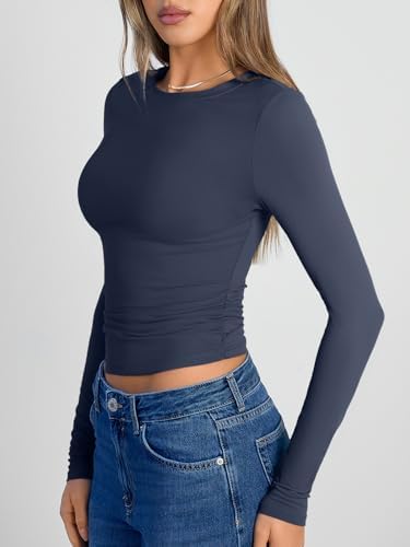 Trendy Queen Womens Long Sleeve Shirts Crop Tops Fall Fashion 2025 Going Out Basic Winter Clothes