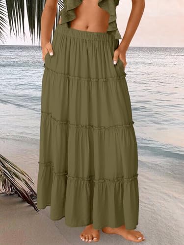Trendy Queen Long Skirts for Women Boho Maxi Skirt Summer Swing Tiered A-Line Elastic High Waist Dress with Pockets Fashion