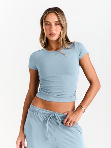 Trendy Queen 2 Piece Matching Summer Sweatsuit Lounge Set Womens Wide Leg Pants Side Ruching Crop Top Sets