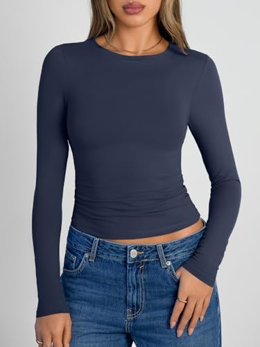 Trendy Queen Womens Long Sleeve Shirts Crop Tops Fall Fashion 2025 Going Out Basic Winter Clothes