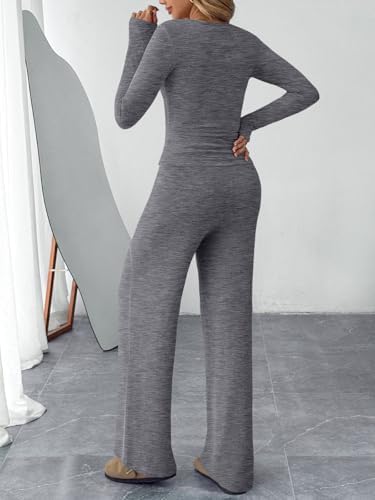 Trendy Queen Women's 2 Piece Matching Lounge Sets Fall Fashion Outfits Henley Neck Sweater Top Wide Leg Pants Sweat Suits