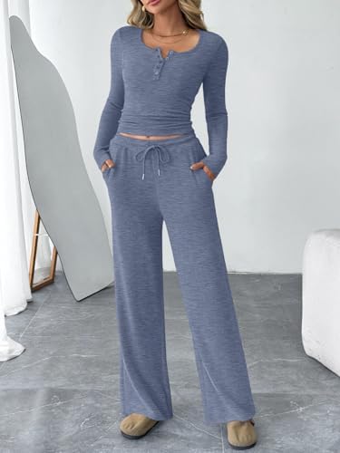 Trendy Queen Women's 2 Piece Matching Lounge Sets Fall Fashion Outfits Henley Neck Sweater Top Wide Leg Pants Sweat Suits