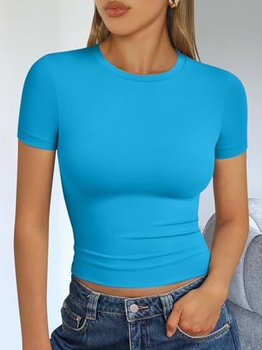 Trendy Queen Womens Short Sleeve T Shirts Summer Crop Tops Basic Slim Fit Gym Workout Y2k Clothes