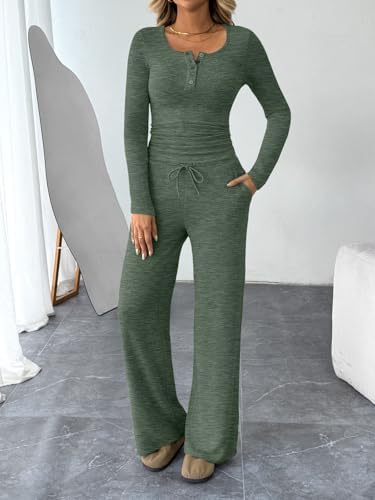 Trendy Queen Women's 2 Piece Matching Lounge Sets Fall Fashion Outfits Henley Neck Sweater Top Wide Leg Pants Sweat Suits