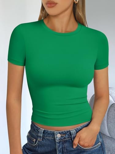 Trendy Queen Womens Short Sleeve T Shirts Summer Crop Tops Basic Slim Fit Gym Workout Y2k Clothes