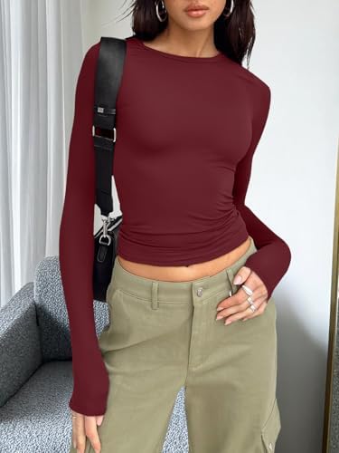 Trendy Queen Womens Long Sleeve T Shirts Fall Fashion 2025 Basic Crop Tops Going Out Outfits Y2k Clothes