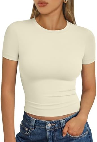 Trendy Queen Womens Short Sleeve T Shirts Summer Crop Tops Basic Slim Fit Gym Workout Y2k Clothes