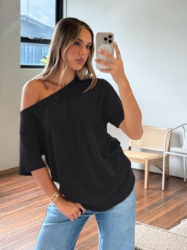 Trendy Queen Womens Off The Shoulder Tops Oversized T-Shirts Short Sleeve Tees Summer 2025 Casual Spring Fashion Clothes