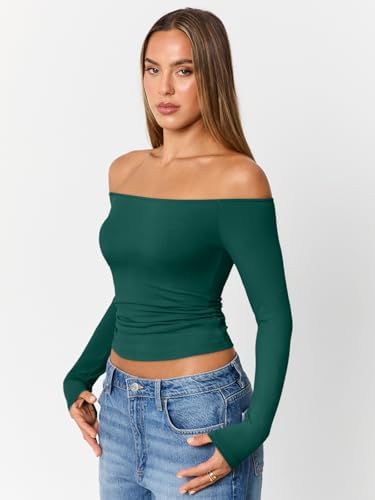 Trendy Queen Womens Long Sleeve Off The Shoulder Tops Going Out Cute Basic Y2K Fall Fashion 2025 Outfits Clothes