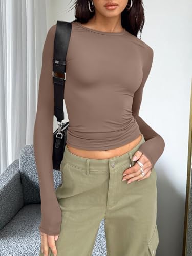 Trendy Queen Womens Long Sleeve T Shirts Fall Fashion 2025 Basic Crop Tops Going Out Outfits Y2k Clothes