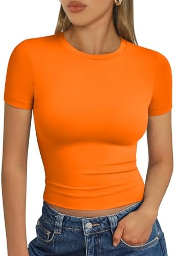 Trendy Queen Womens Short Sleeve T Shirts Summer Crop Tops Basic Slim Fit Gym Workout Y2k Clothes