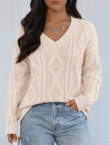 Trendy Queen Oversized Cable Knit Sweaters for Women 2025 Cozy Pullover Knit Fall Outfits V Neck Cute Winter Clothing