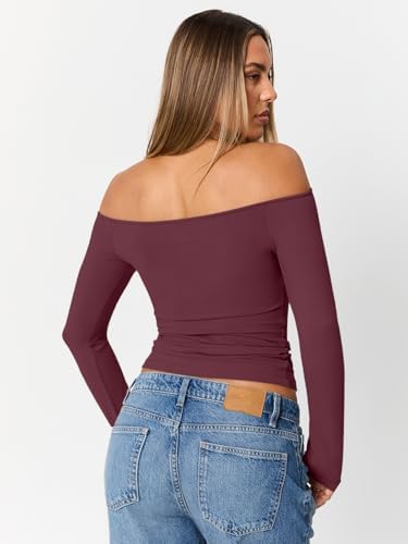Trendy Queen Womens Long Sleeve Off The Shoulder Tops Going Out Cute Basic Y2K Fall Fashion 2025 Outfits Clothes