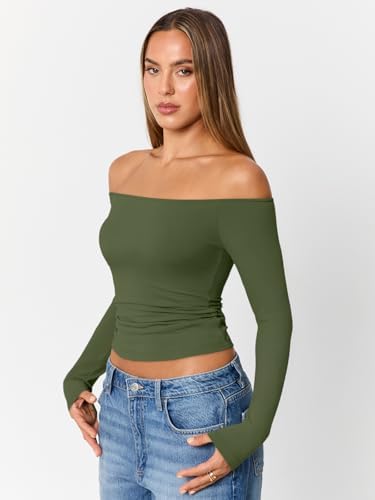 Trendy Queen Womens Long Sleeve Off The Shoulder Tops Going Out Cute Basic Y2K Fall Fashion 2025 Outfits Clothes