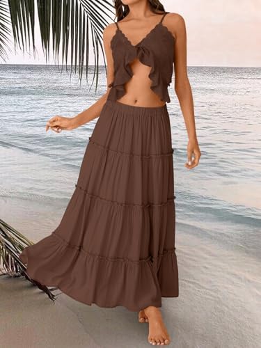 Trendy Queen Long Skirts for Women Boho Maxi Skirt Summer Swing Tiered A-Line Elastic High Waist Dress with Pockets Fashion
