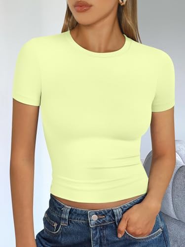 Trendy Queen Womens Short Sleeve T Shirts Summer Crop Tops Basic Slim Fit Gym Workout Y2k Clothes
