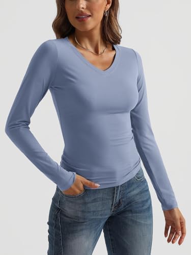 Trendy Queen Long Sleeve Shirts for Women 2025 Fall Fashion V Neck Basics Crop Tops Slim Fitted Y2K Tops Outfits Clothes