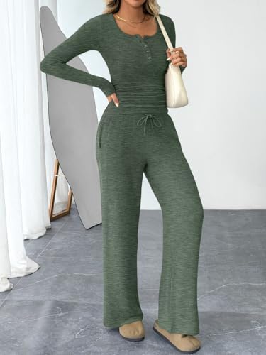 Trendy Queen Women's 2 Piece Matching Lounge Sets Fall Fashion Outfits Henley Neck Sweater Top Wide Leg Pants Sweat Suits