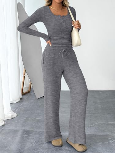 Trendy Queen Women's 2 Piece Matching Lounge Sets Fall Fashion Outfits Henley Neck Sweater Top Wide Leg Pants Sweat Suits