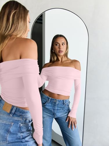 Trendy Queen Women Long Sleeve Shirts Off Shoulder Tops Going Out Crop Sexy Slim Fitted Y2K Fall Outfits 2025 Fashion Clothes