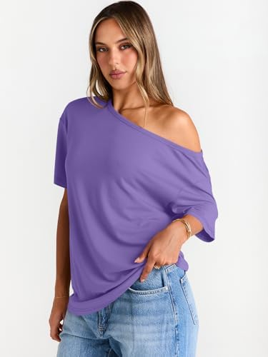 Trendy Queen Womens Off The Shoulder Tops Oversized T-Shirts Short Sleeve Tees Summer 2025 Casual Spring Fashion Clothes