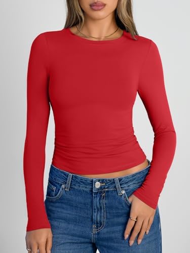 Trendy Queen Womens Long Sleeve Shirts Crop Tops Fall Fashion 2025 Going Out Basic Winter Clothes